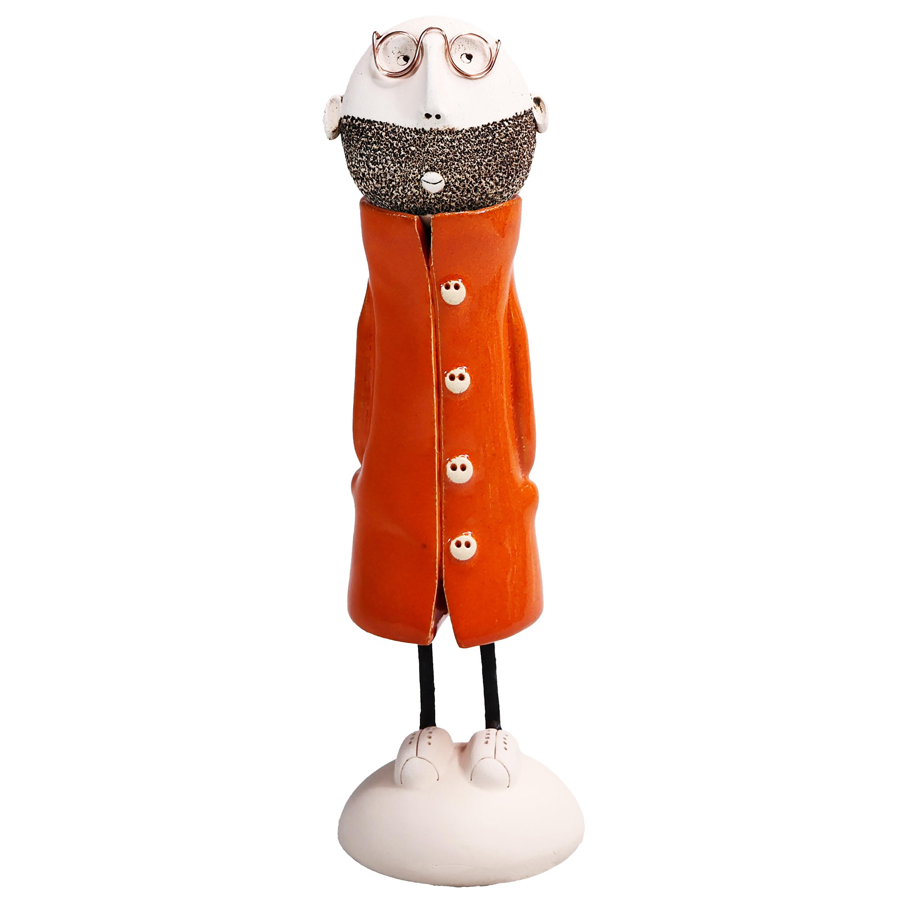 Handmade Bald Man Figurine with Glasses & Beard in Great Coat