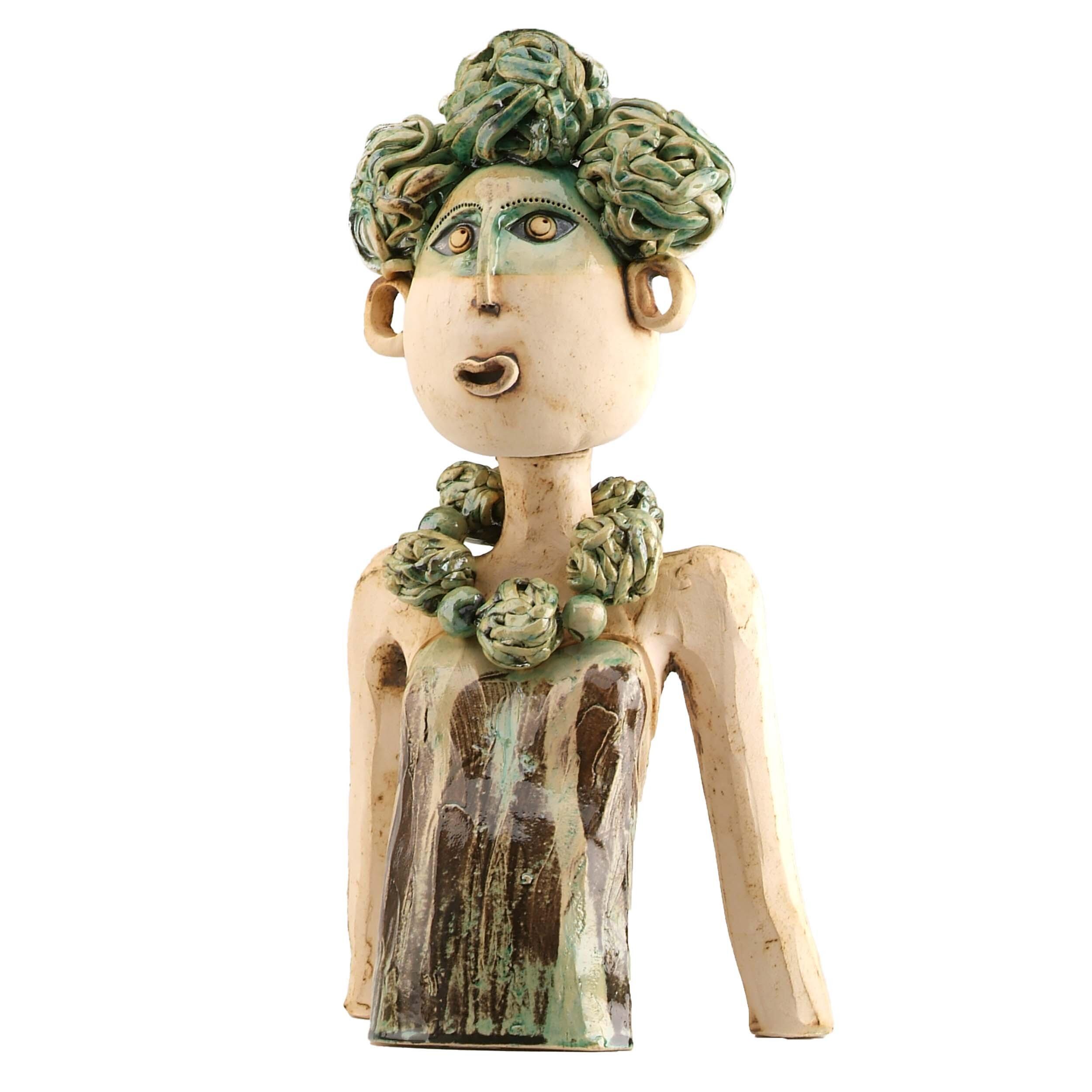 Exotic Lady in Green Handmade Ceramic Large Statue