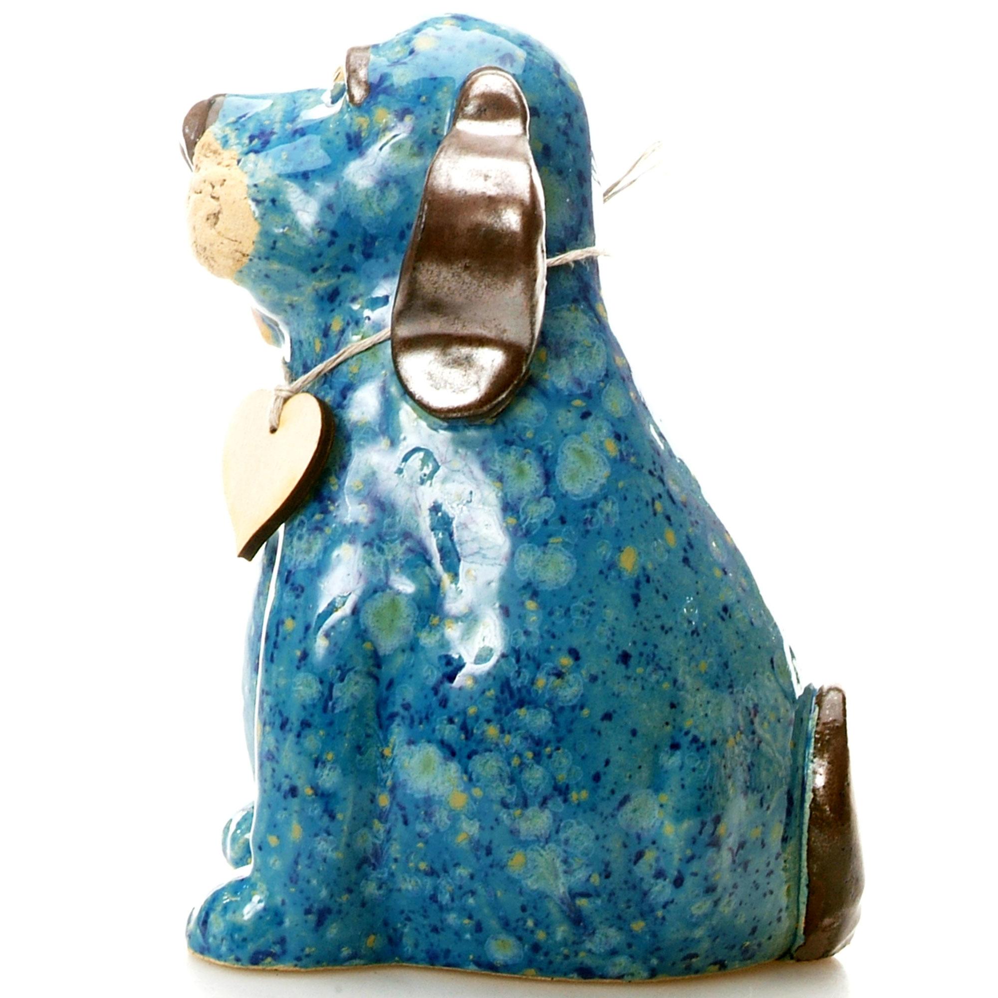 Ceramic Puppy Dog Ornament with Messaging Wooden Heart Tag | Blue