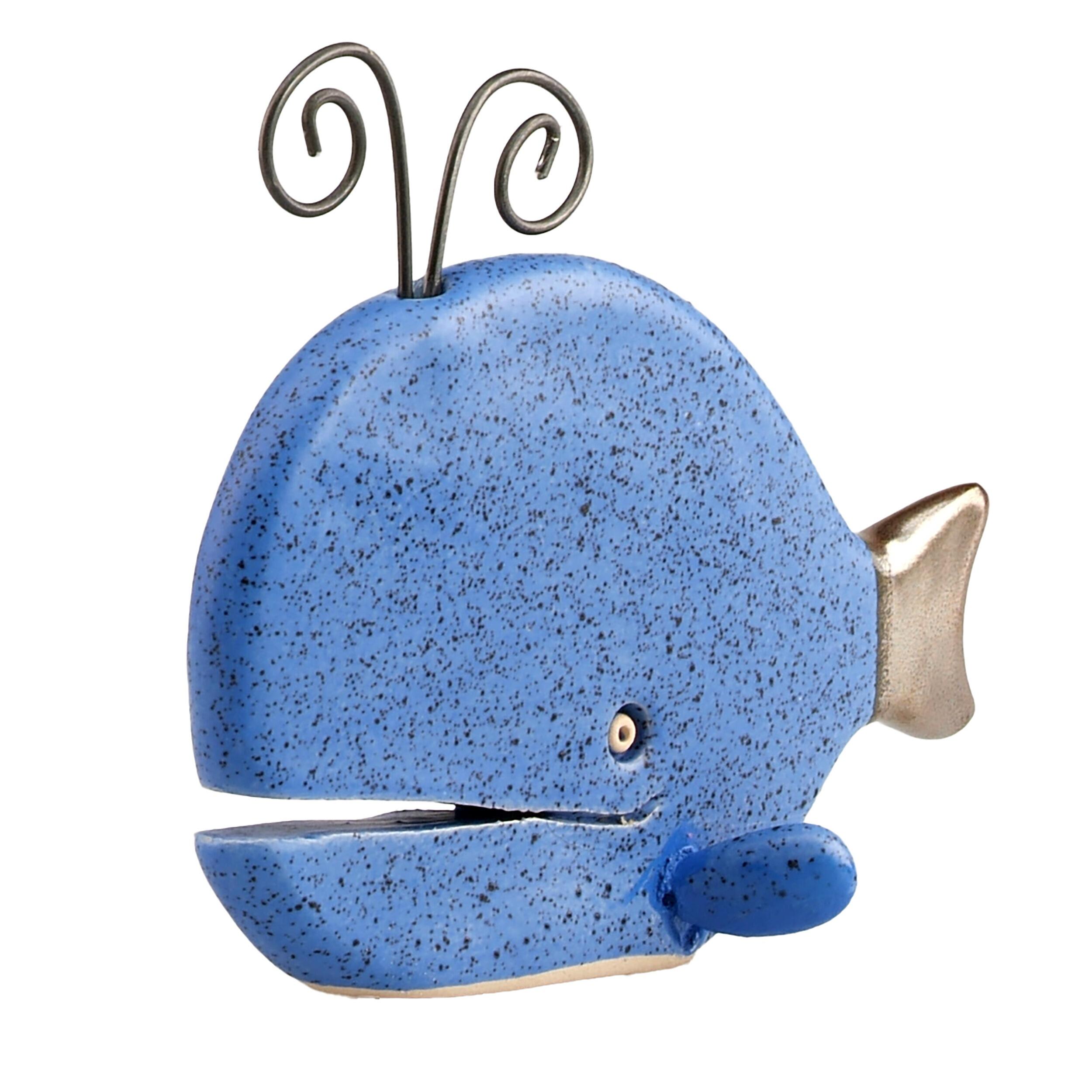 Hand-Sculptured Flat Ceramic Spouting Whale with Metal Element