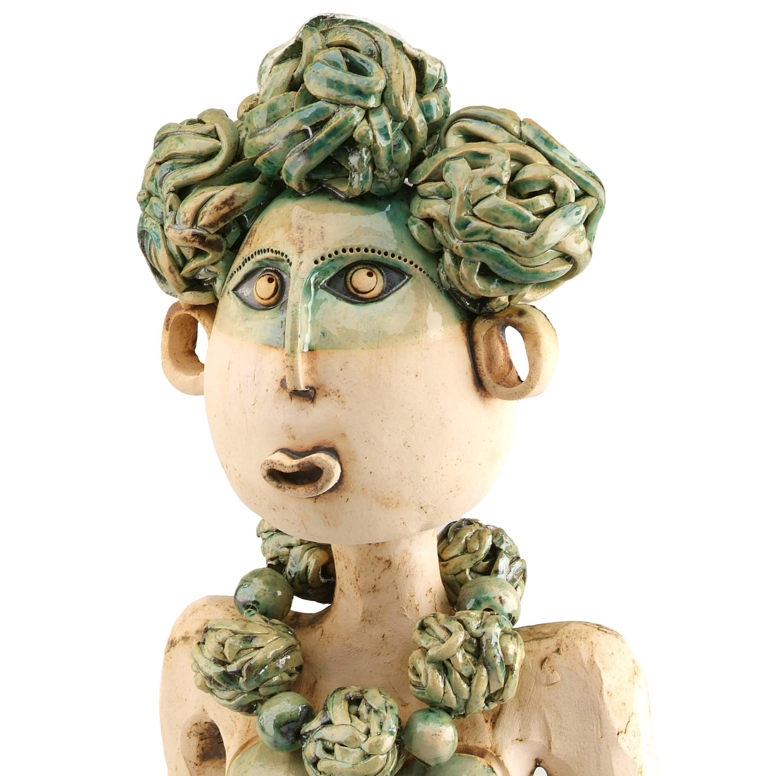 Exotic Lady in Green Handmade Ceramic Large Statue