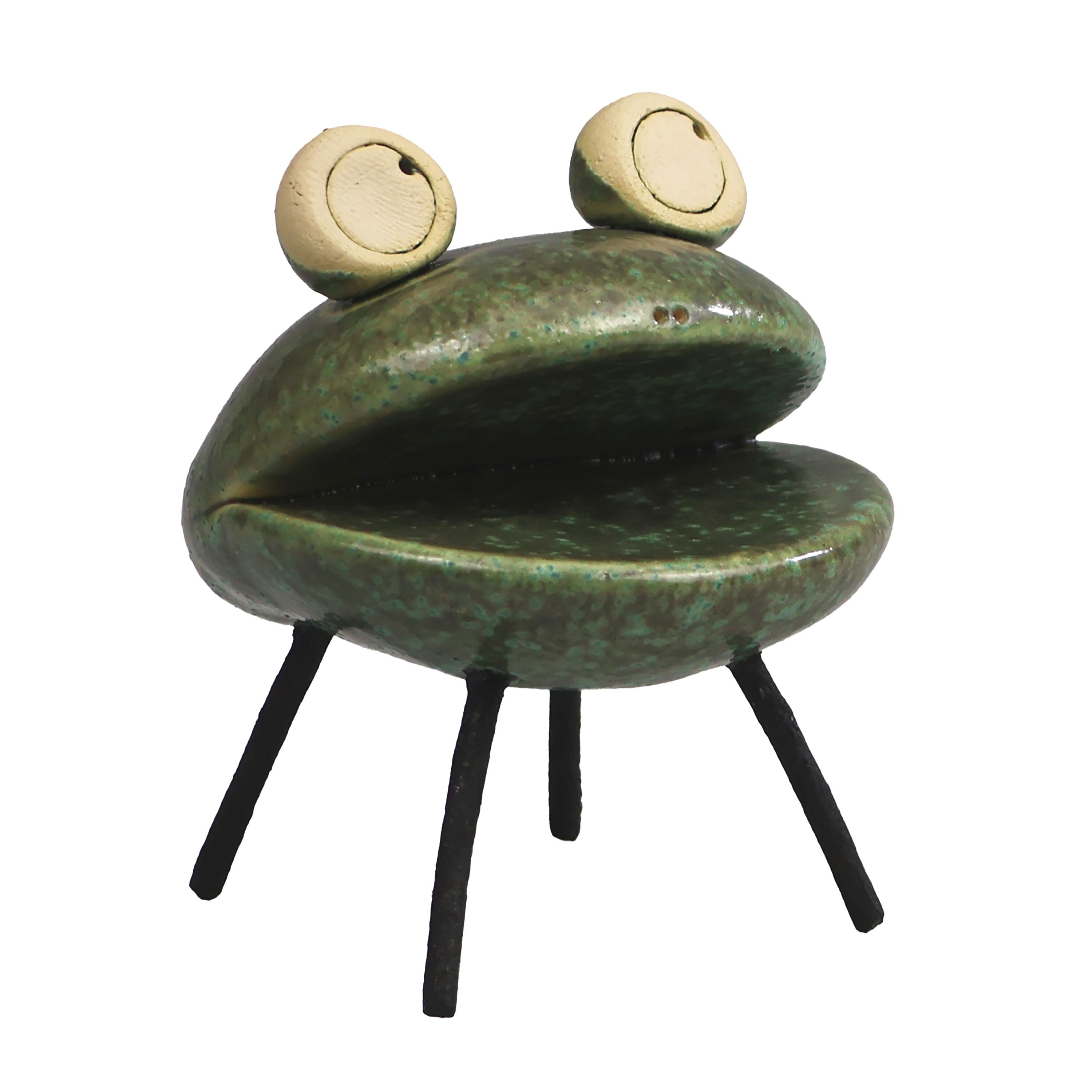 Handmade Ceramic Frog Ornament – Quirky Smiling Frog with Metal Legs – Handcrafted Decorative Frog Figure