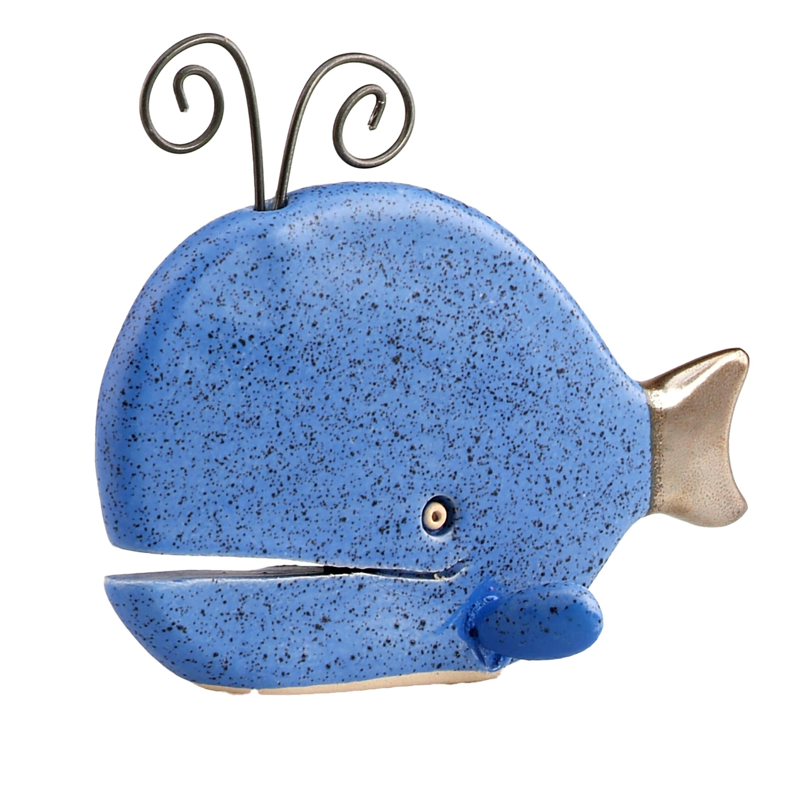 Hand-Sculptured Flat Ceramic Spouting Whale with Metal Element