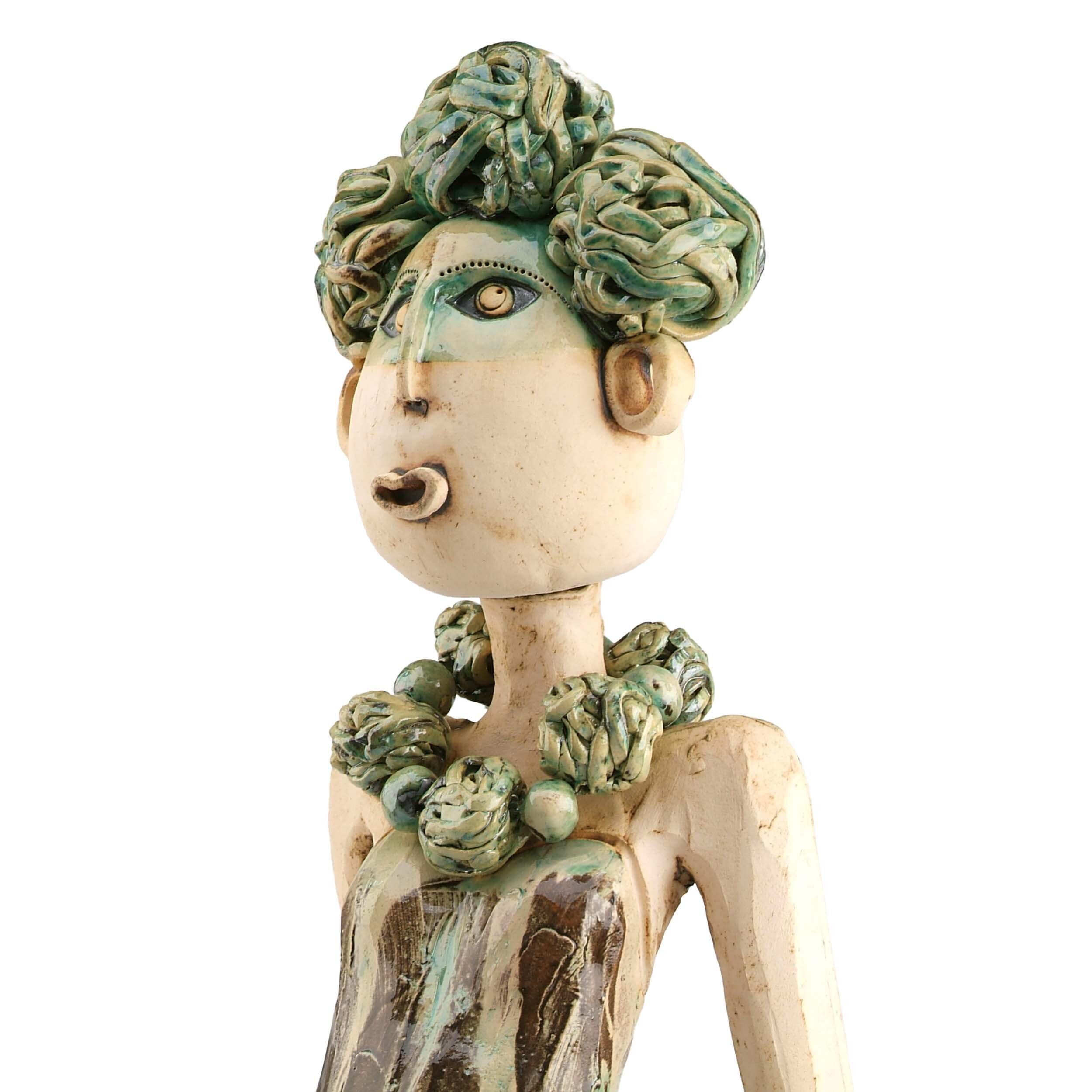 Exotic Lady in Green Handmade Ceramic Large Statue