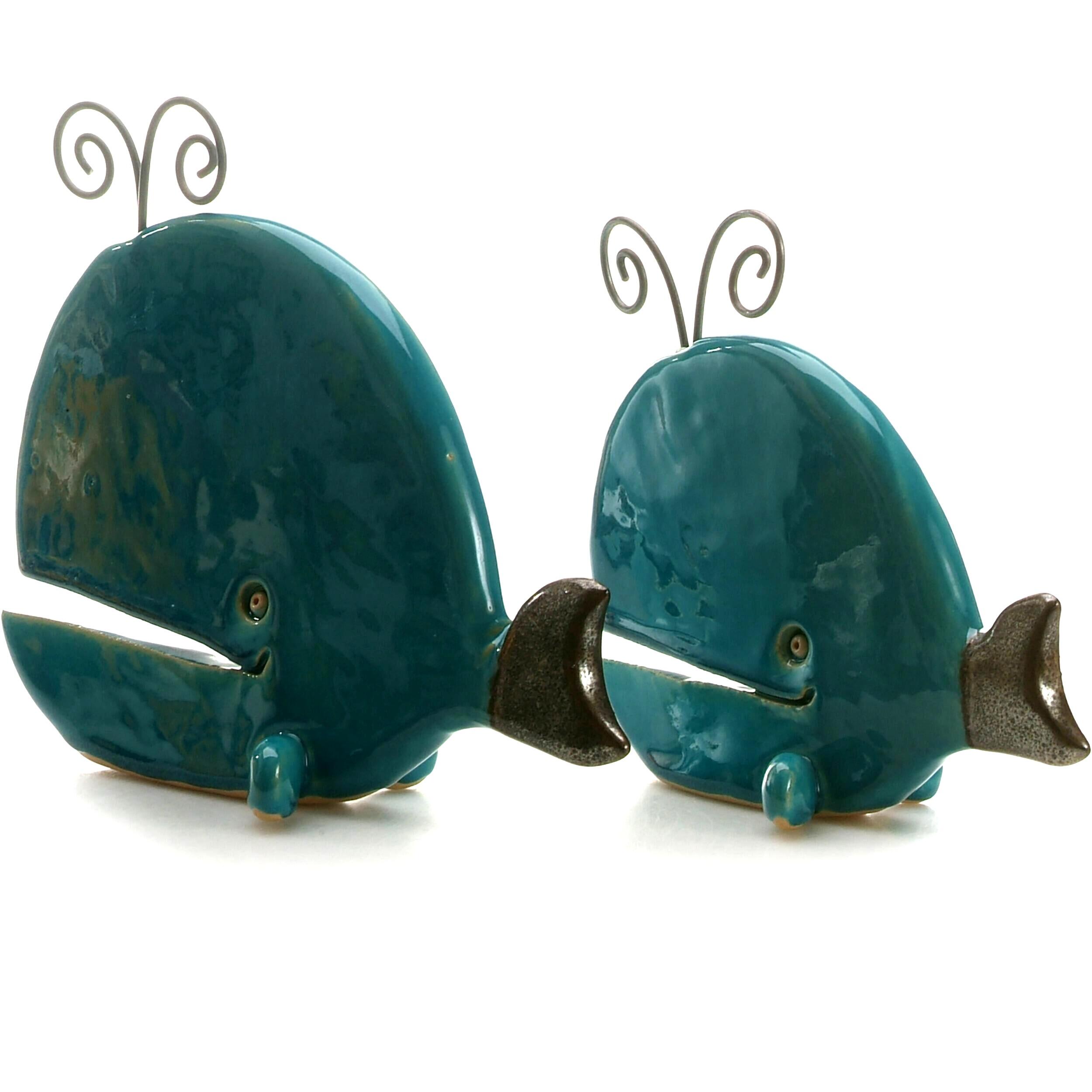 Hand-Sculptured Flat Ceramic Spouting Whale with Metal Element