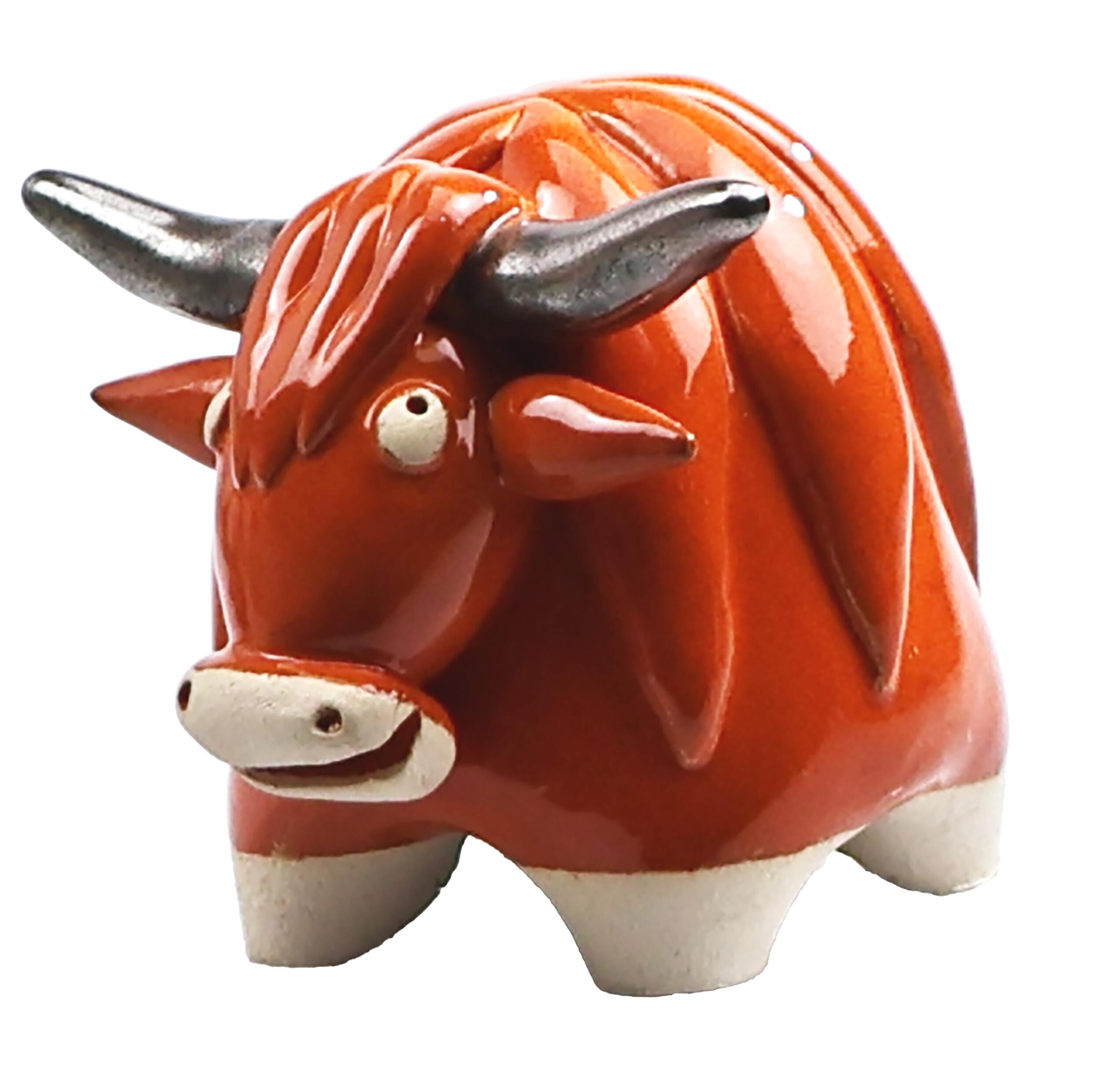 Handmade ceramic Highland cow statue with a bold, masculine highlander character.