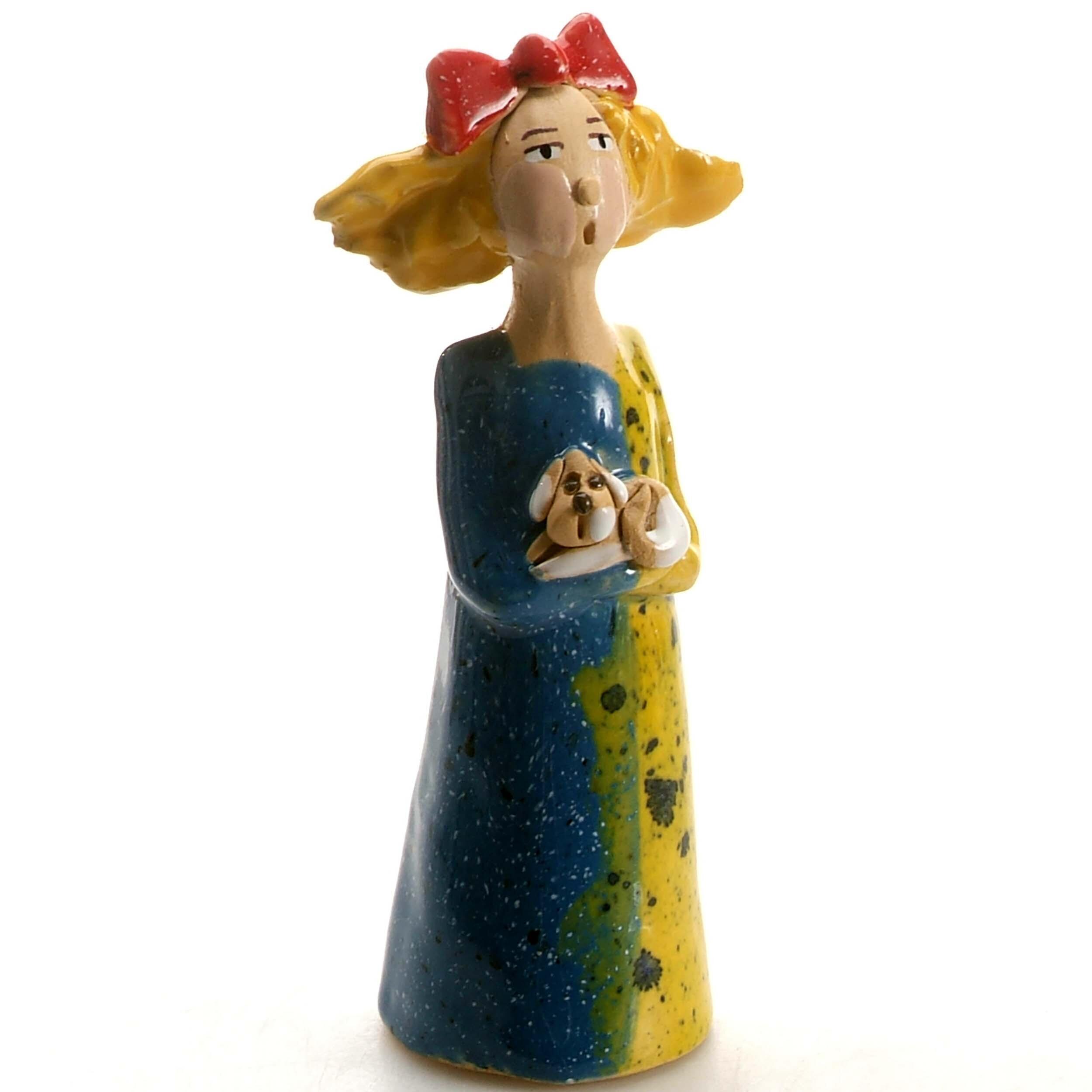 Quirky Yellow Hair Dog Lady Figurine with a white Patchy Puppy Dog
