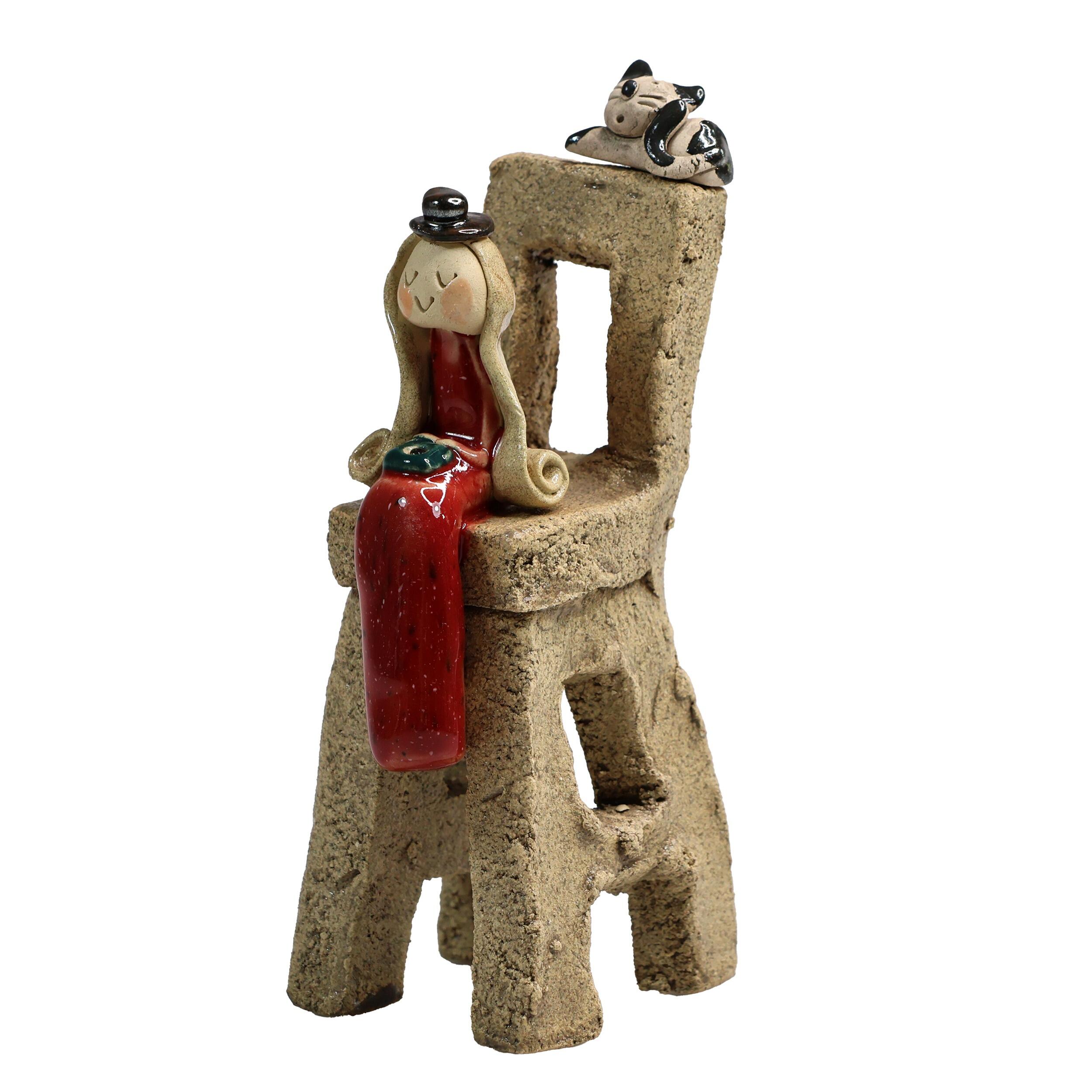 Enchanted Cat Lady on Mini Chair with Book in Red