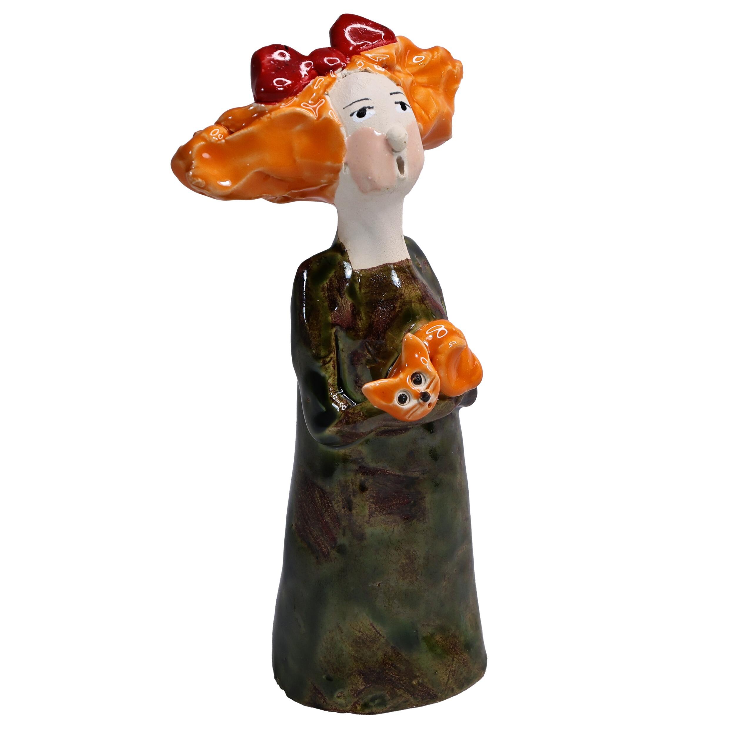 Quirky Cat Lady in Dark Olive Charming Figurine with Ginger Cat