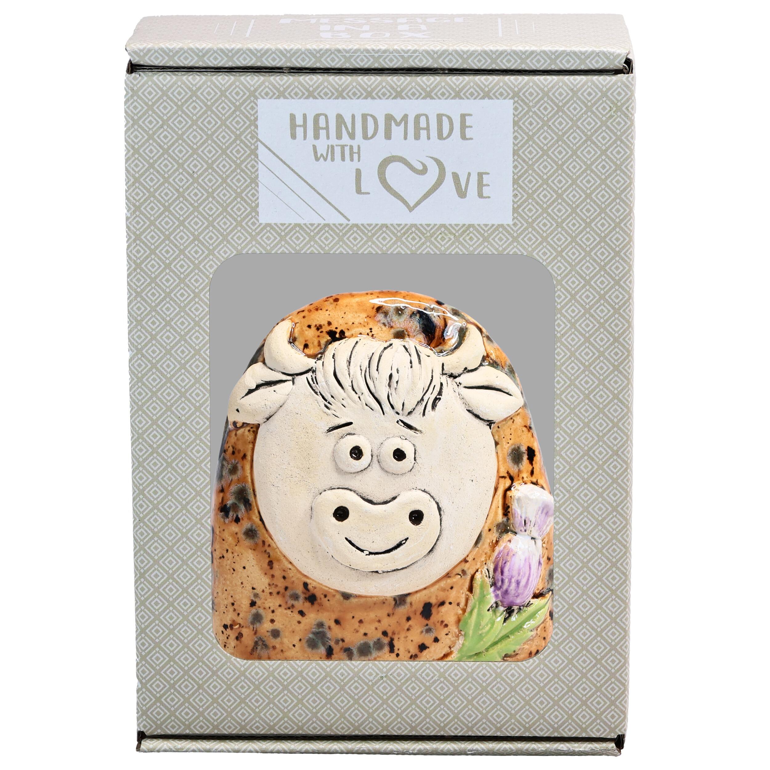 Charming Character of Handmade Ceramic Highland Cow with Thistle