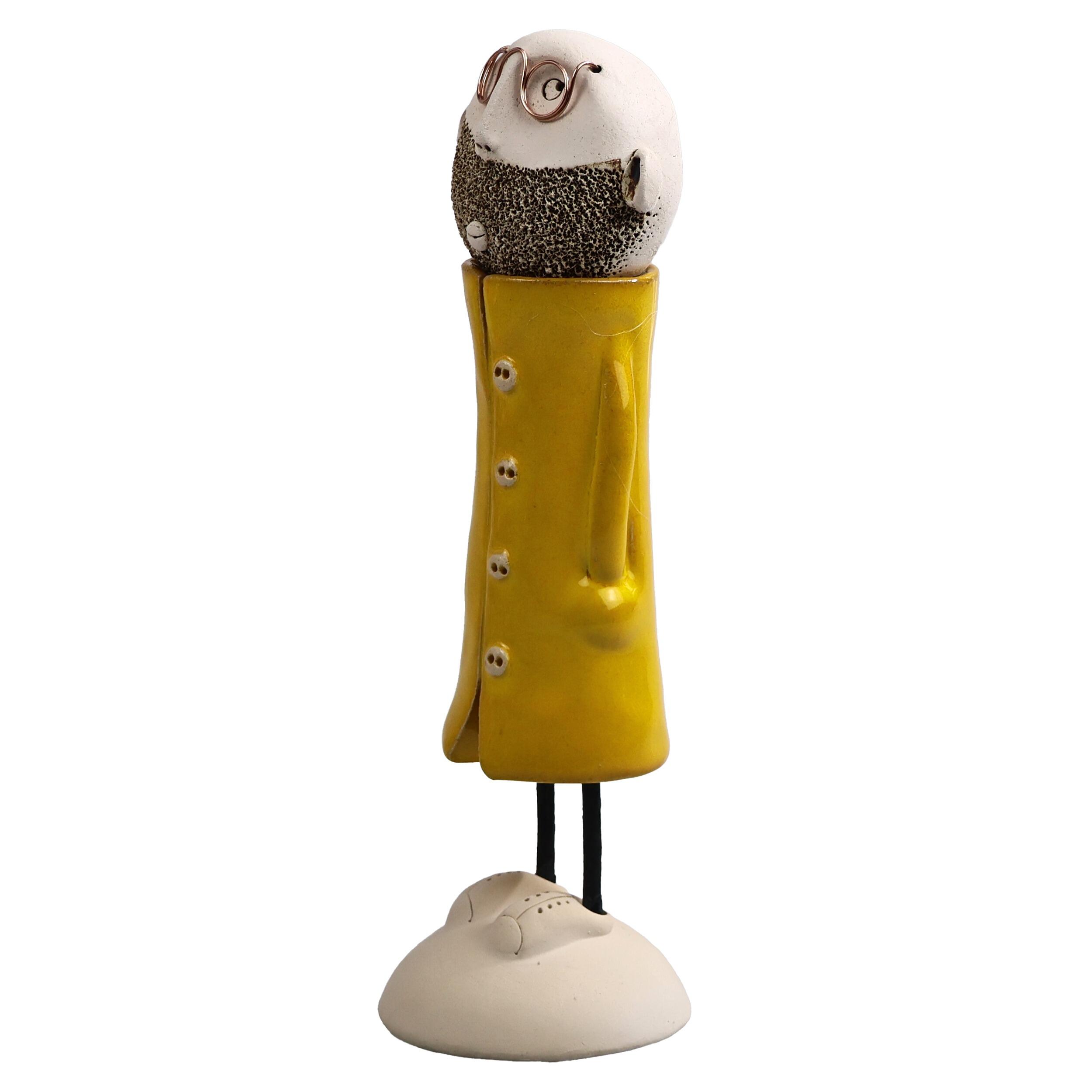Handmade Bald Man Figurine with Glasses & Beard in Great Coat
