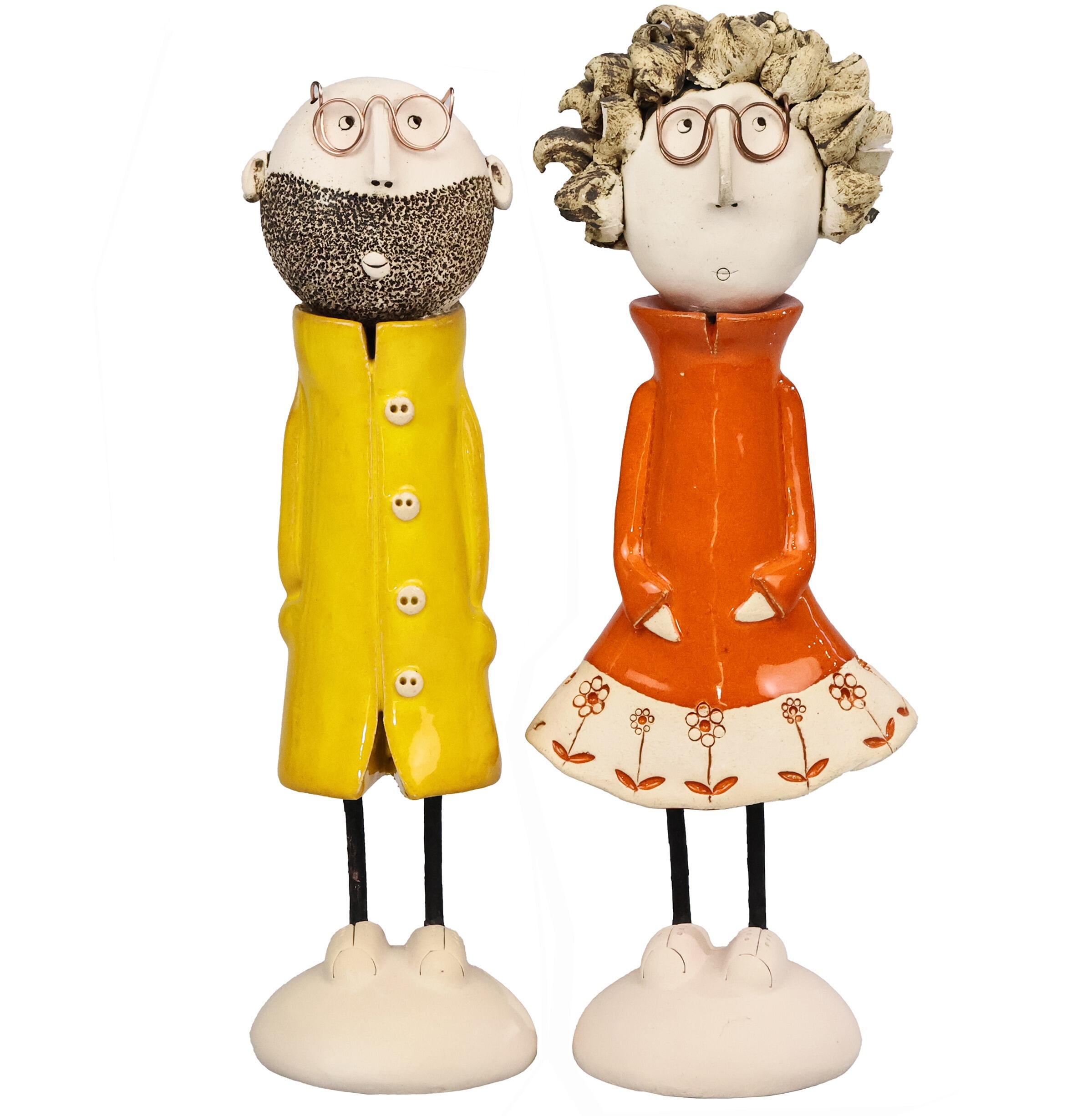 andmade Ceramic Couple Sculpture – Bearded Man & Spiky Haired Woman, Colourful Artisan Pottery Figure, Modern Home Decor