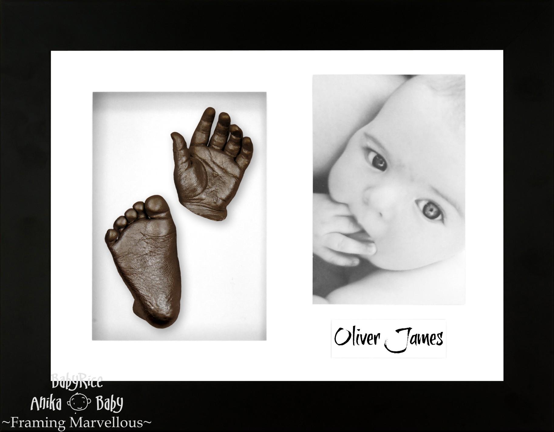Black Frame, White Mount, Bronze Baby Hand Foot Cast