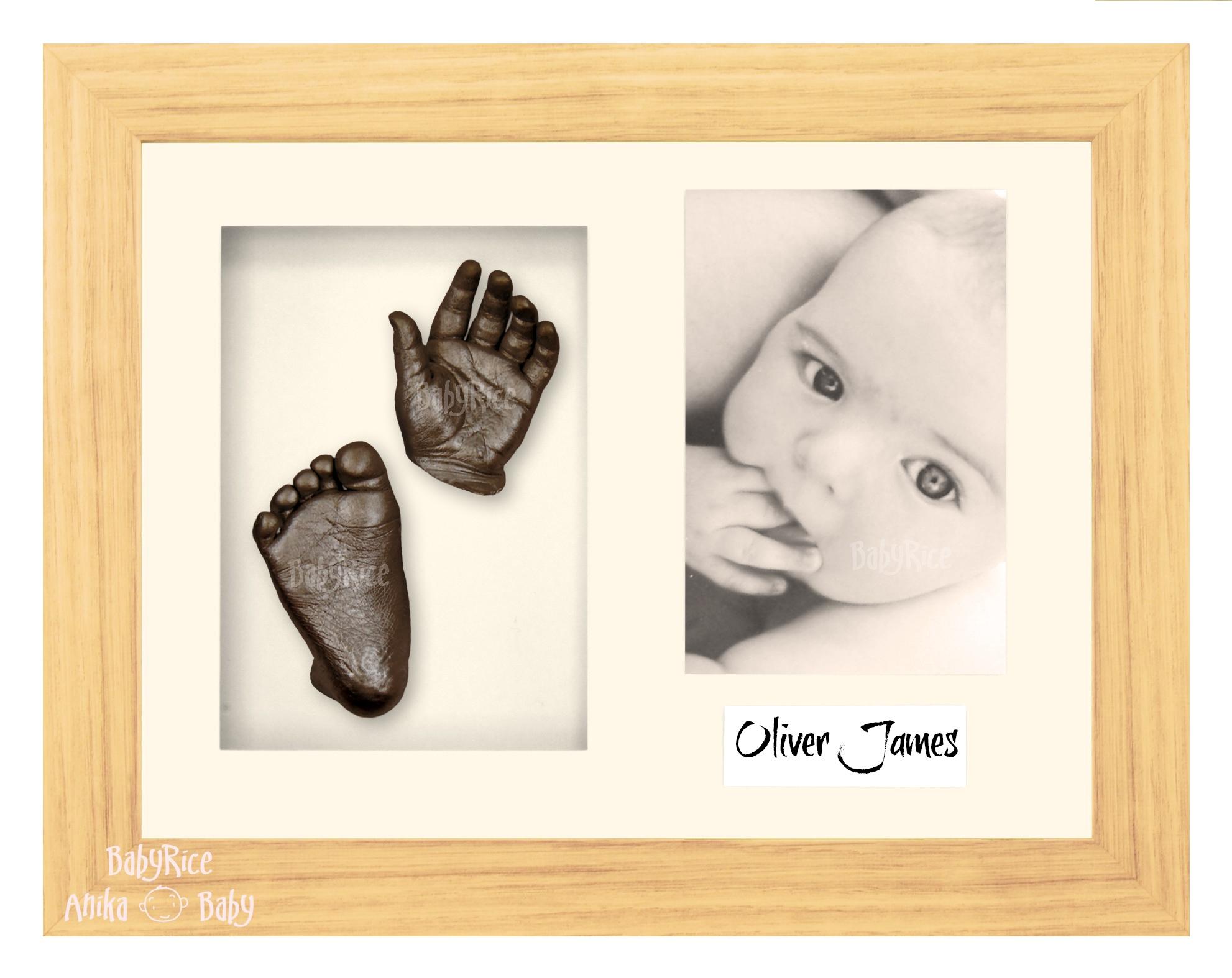 Oak Effect Frame, Cream Mount, Bronze Baby Hand Foot Cast