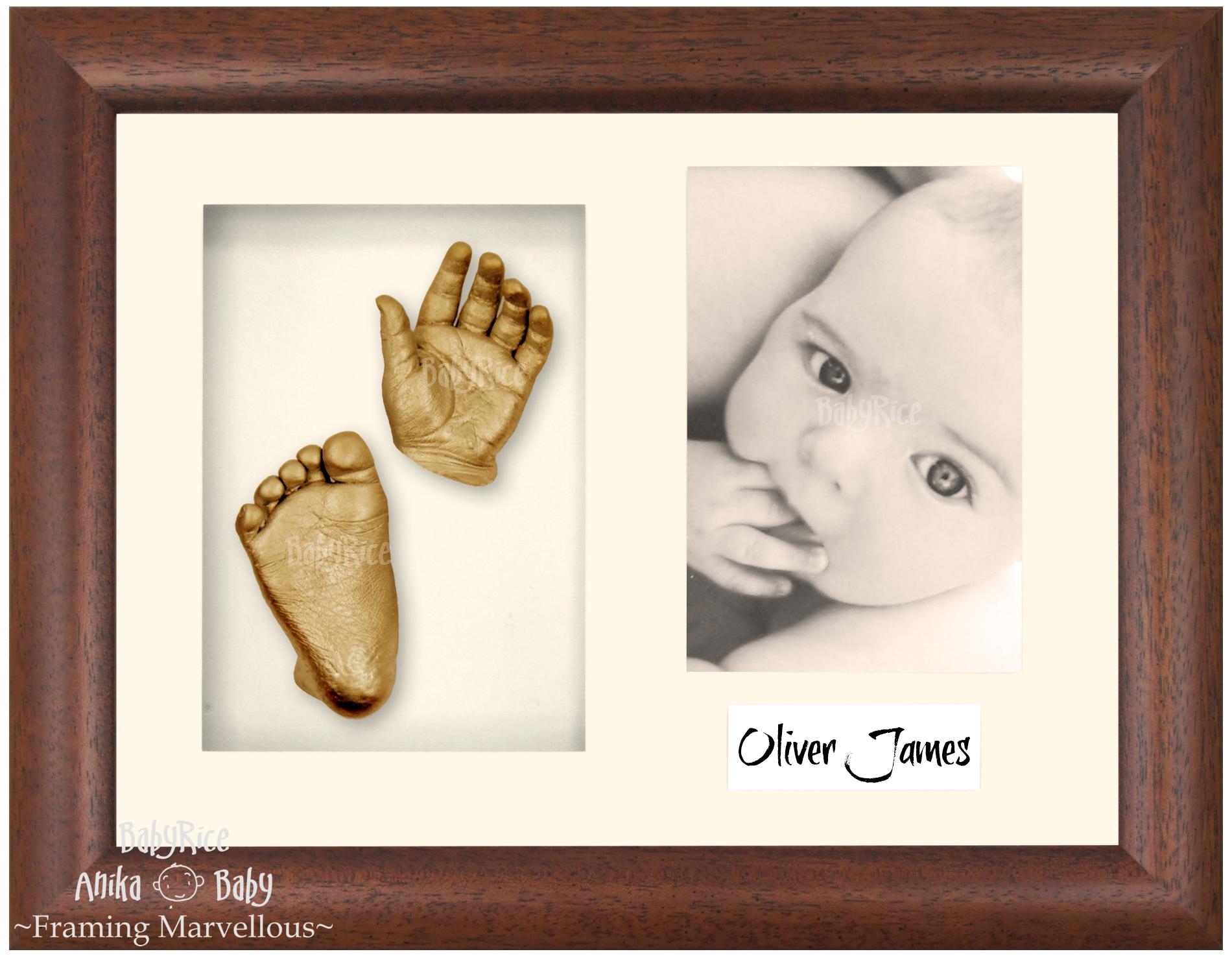Dark Walnut Brown Frame, Cream Mount, Golden Baby Hand Foot Cast