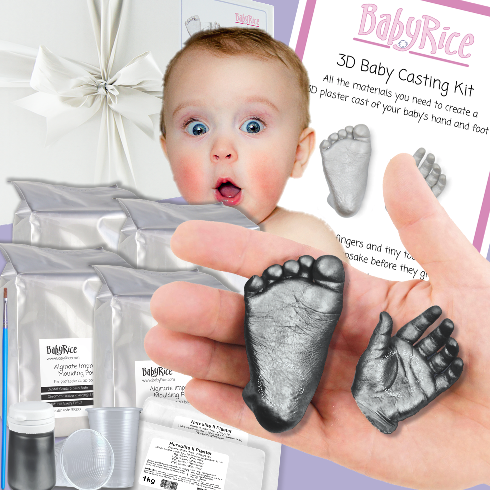 metallic pewter extra large twins baby hand foot 3d casts kit set