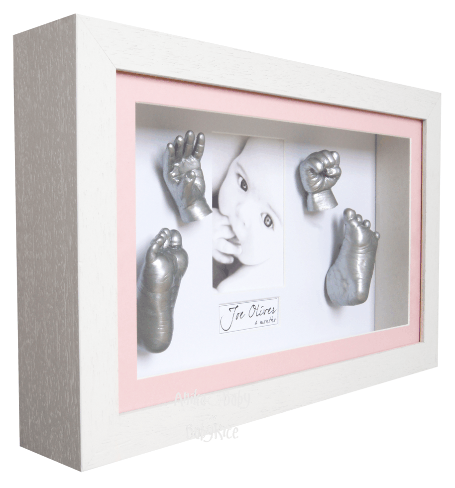 Large baby girl gift hands and feet casting kit with white frame, silver paint
