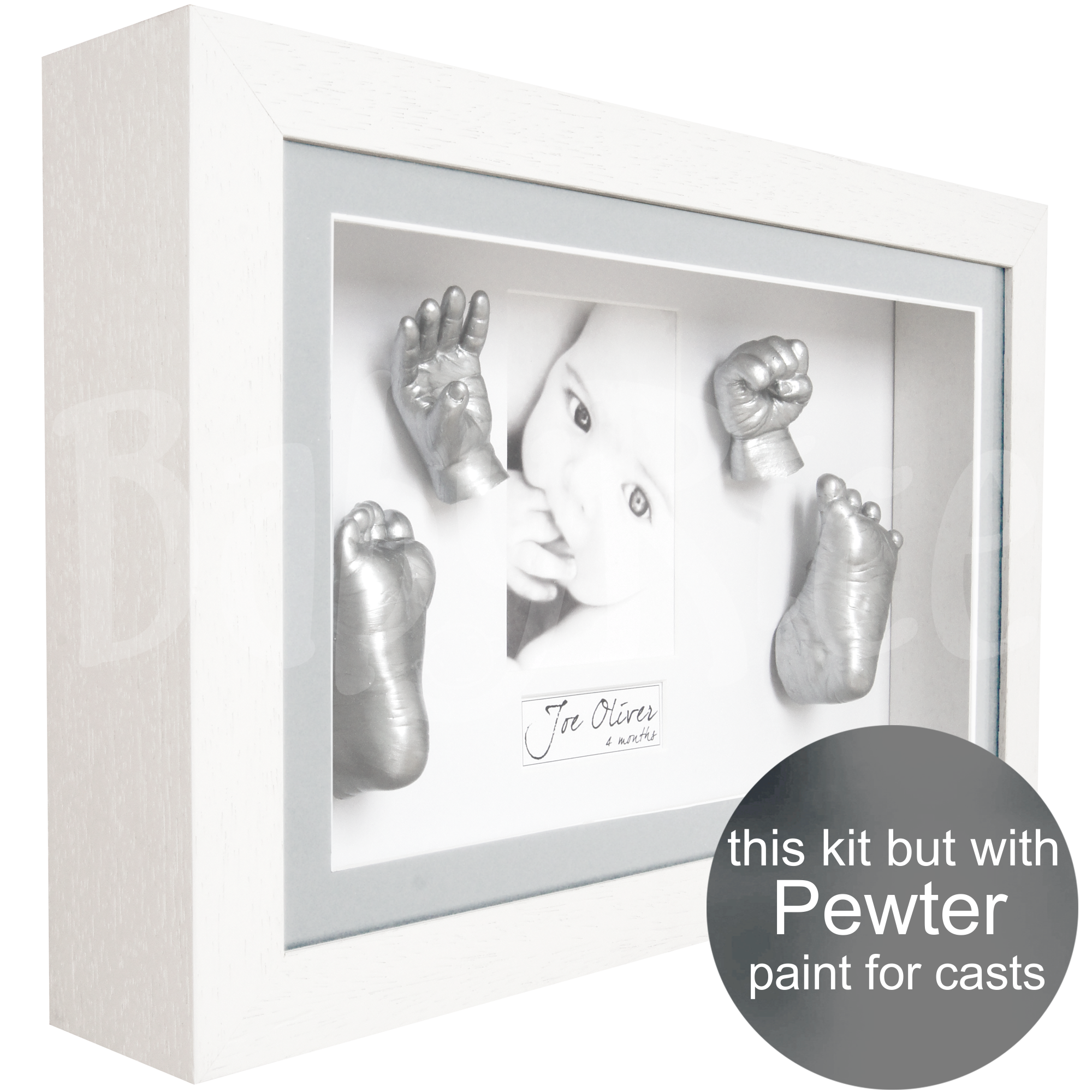 Large baby hand and foot casting kit with white frame, pewterpaint