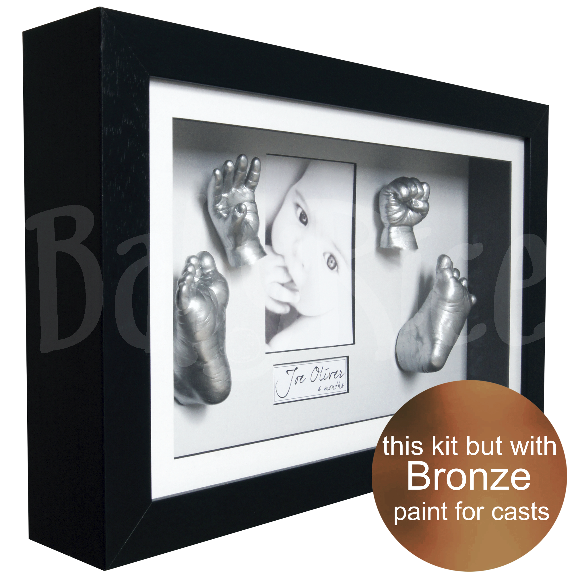 New baby keepsake gift 3D hands and feet casting kit with black frame, bronze paint