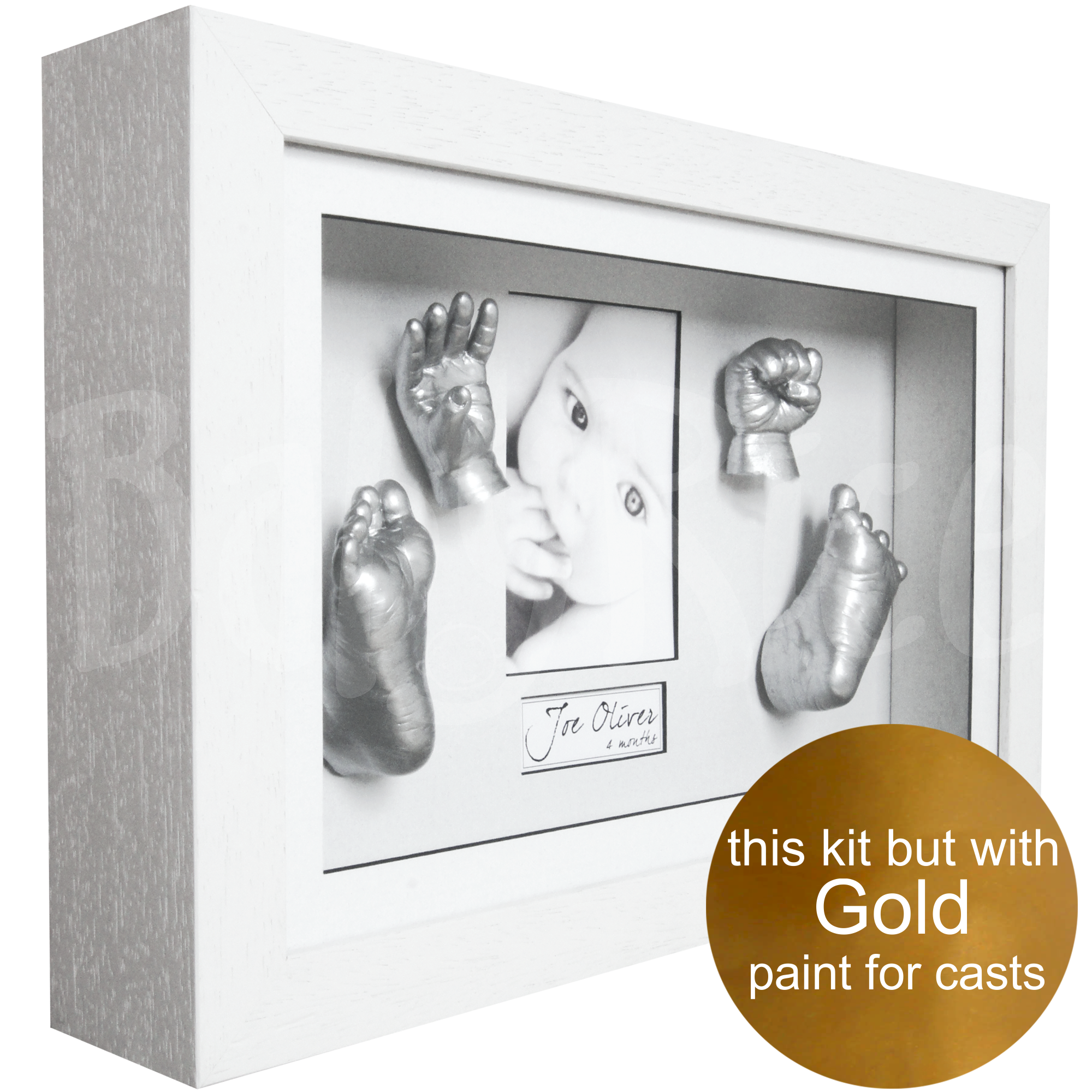 newborn baby gift keepsake hands and feet casting kit with white frame, gold paint