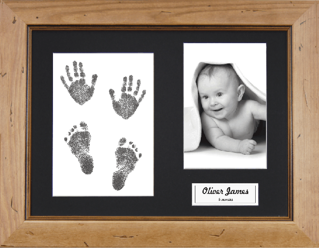 New Baby Gift Hand & Footprint Kit Rustic Frame / Black Inkless Prints