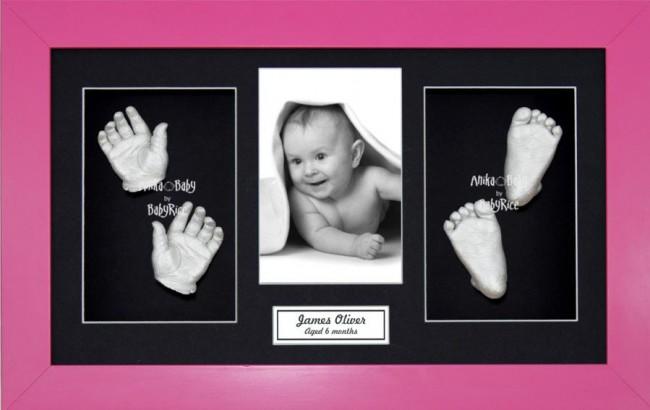 Baby Girl Gift, Casting Kit Pink Frame, 3D Handprints Footprints Silver