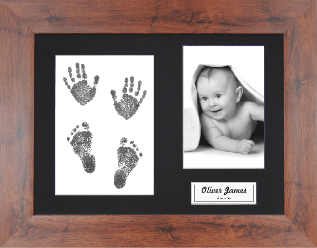 New Baby Gift, Hand & Foot Black Prints Kit, Mahogany Effect Frame