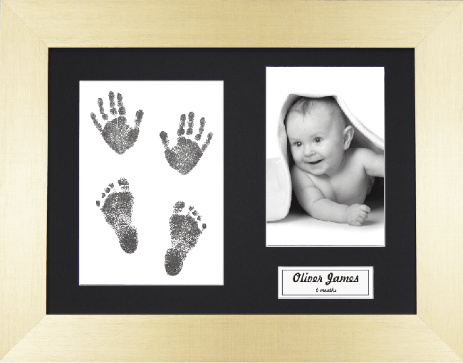 New Baby Gift, Hand & Footprint Kit, Gold Frame / Black Inkless Prints