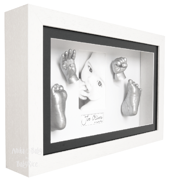 Large 3D Baby Casting Kit, White Deep Box Display Frame, Silver Paint