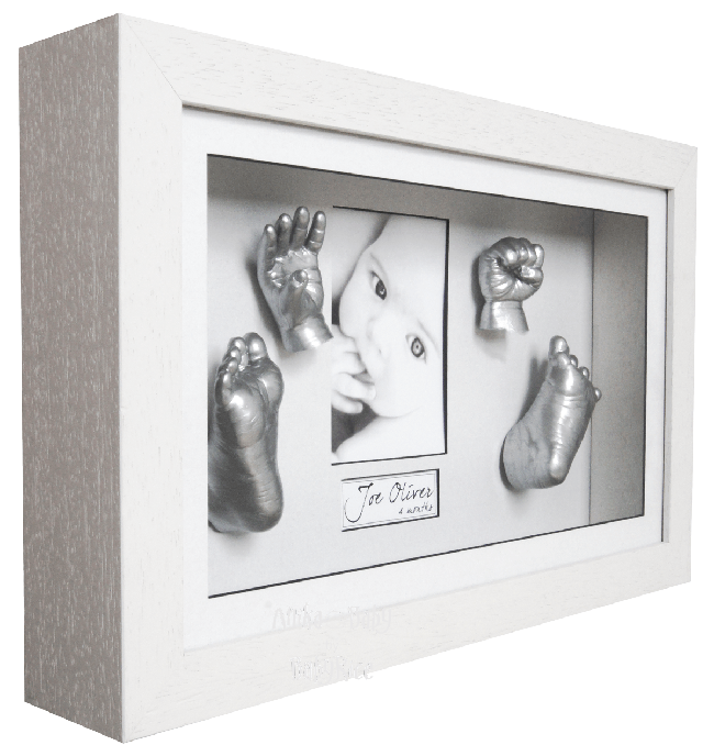 Large 3D Baby Casting Kit, White Deep Box Display Frame, Silver Paint