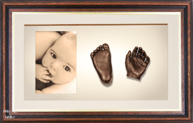 Large, Twins Baby Hand Foot Casting Kit / Mahogany Gold Trim Frame / Bronze