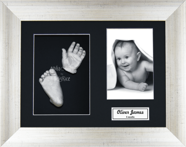 Unique Baby Gift, Silver Hand Foot Casting, Antique Silver Frame