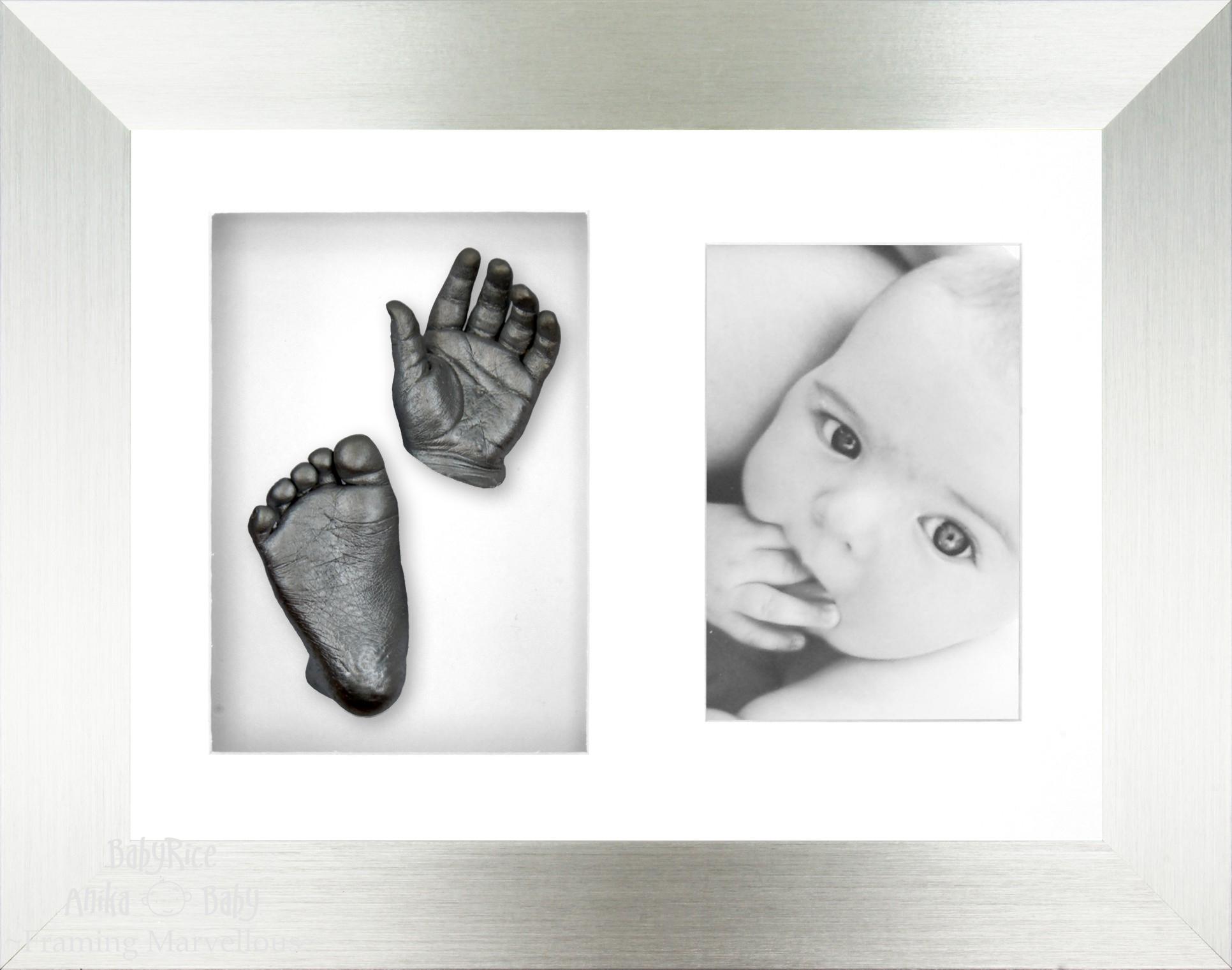 Baby Casting Kit with Silver Photo and Casts Display Frame White Inserts / Pewter Paint