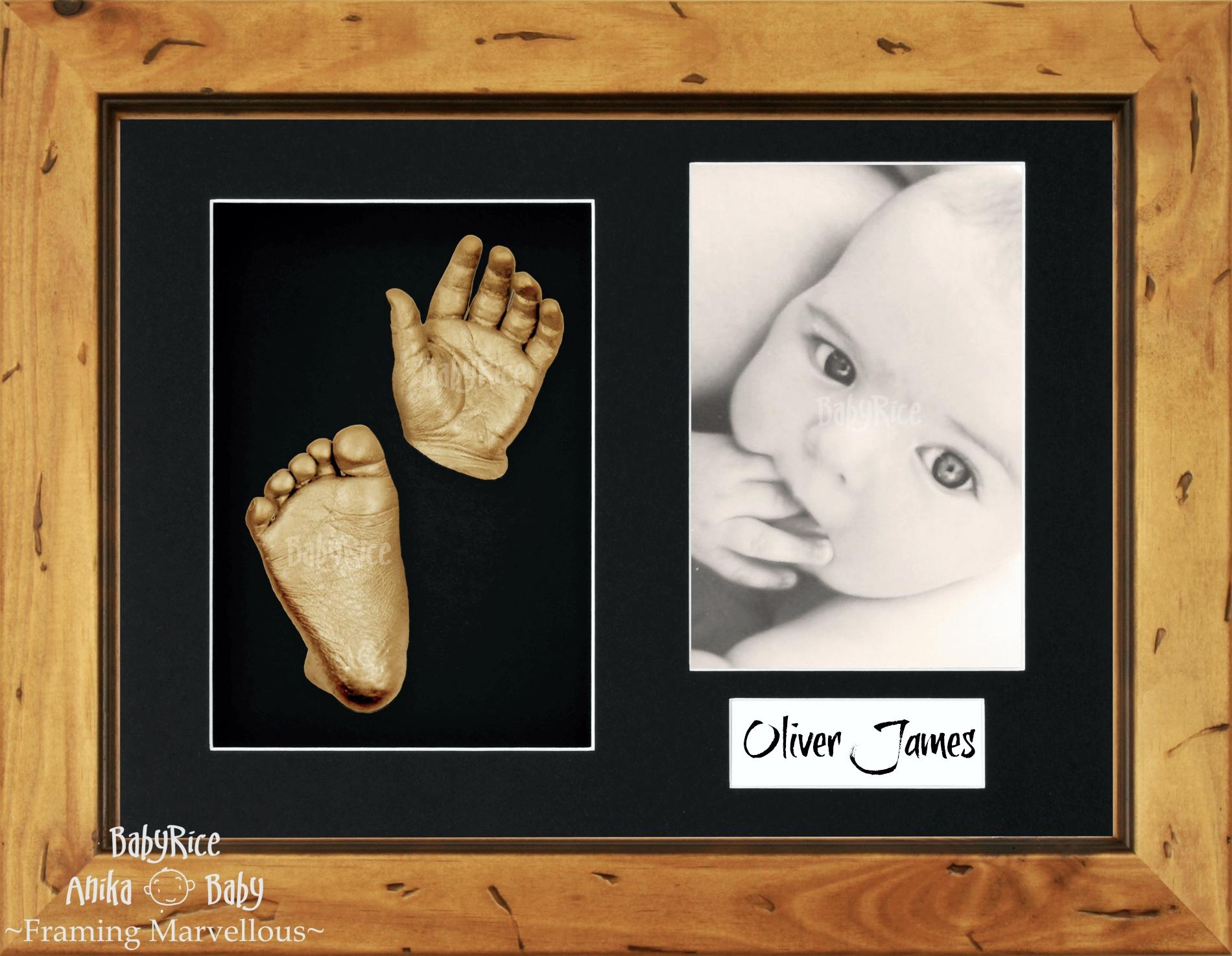 Rustic Wooden Frame, Black Mount, Golden Baby Hand Foot Cast