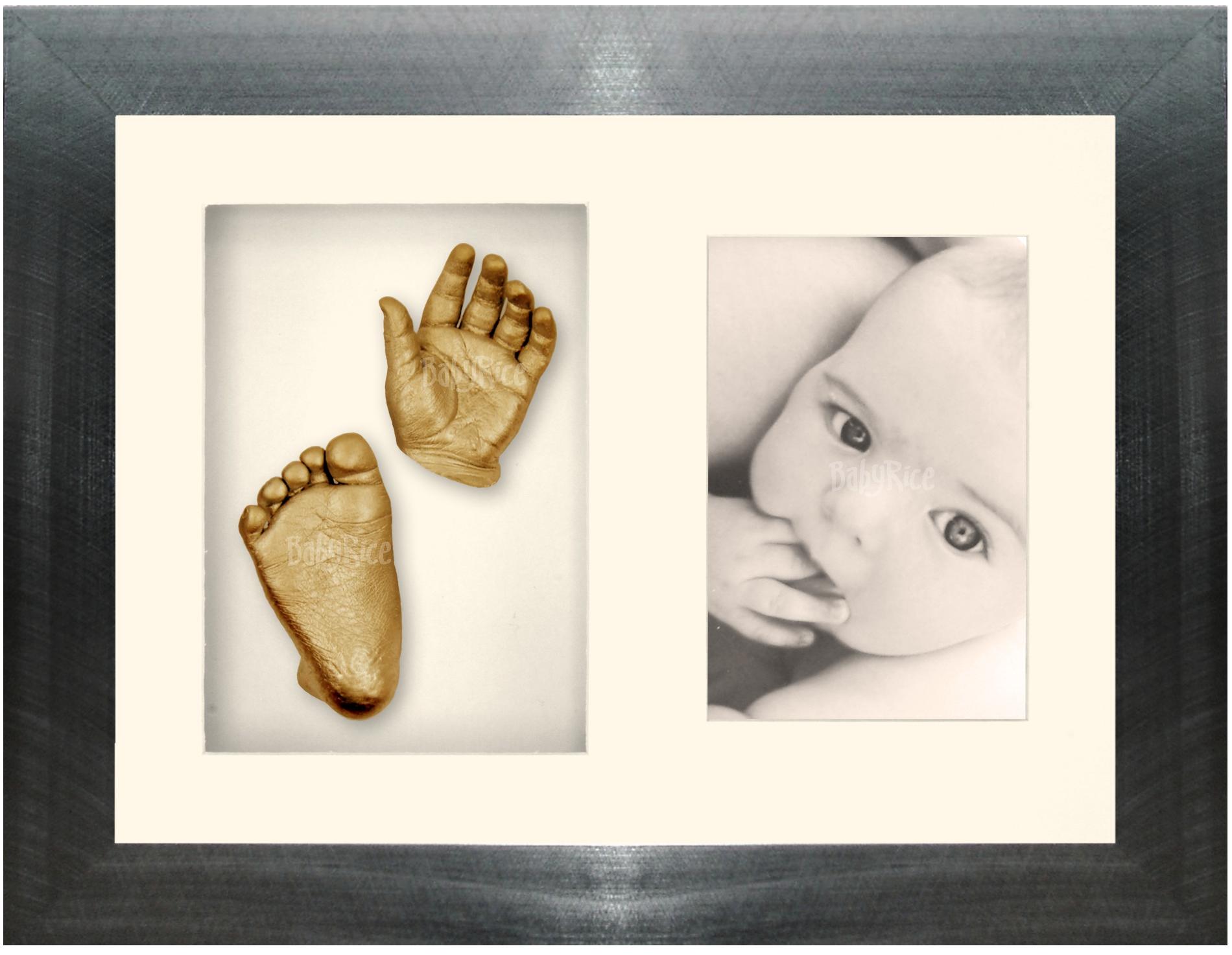 Baby Foot Mould Kit Hand Moulding Set Pewter Wood Frame Gold