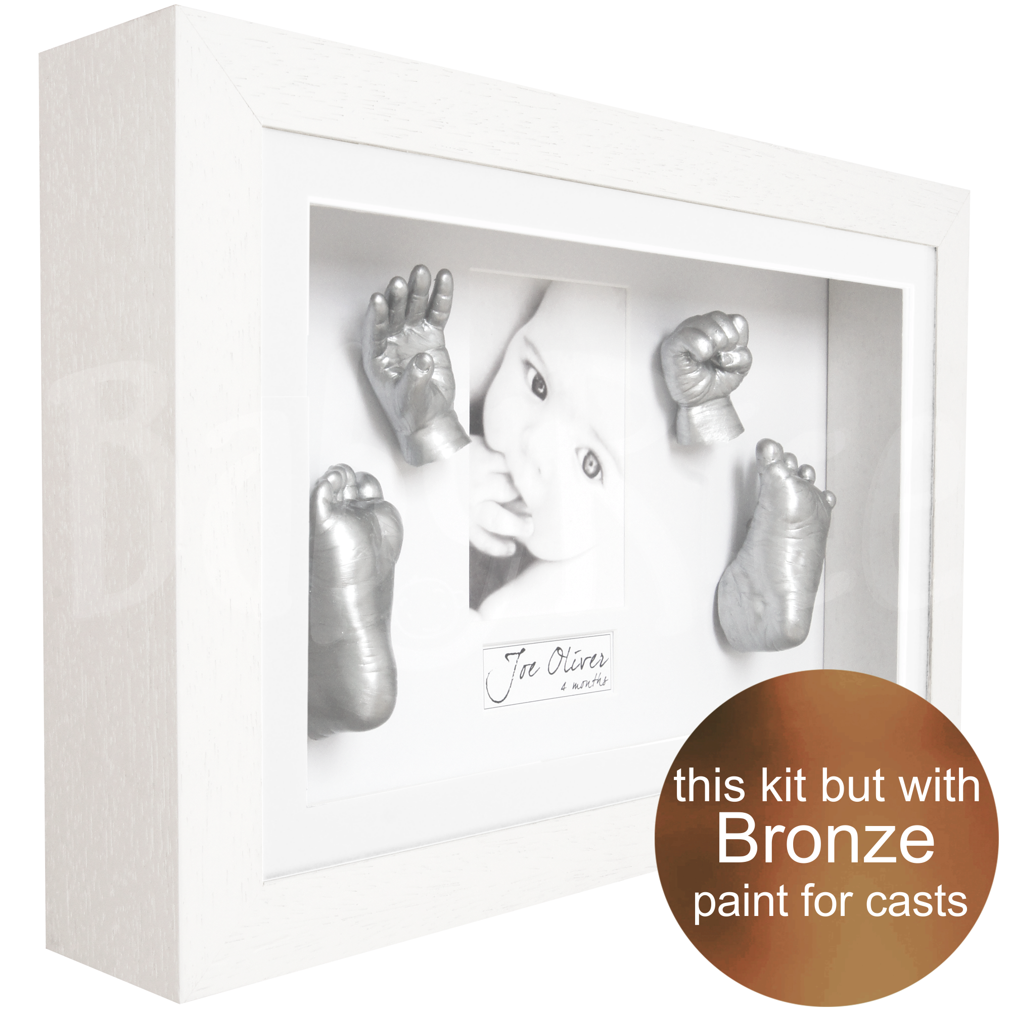Unique baby gift hands and feet casting kit with white frame, bronze paint