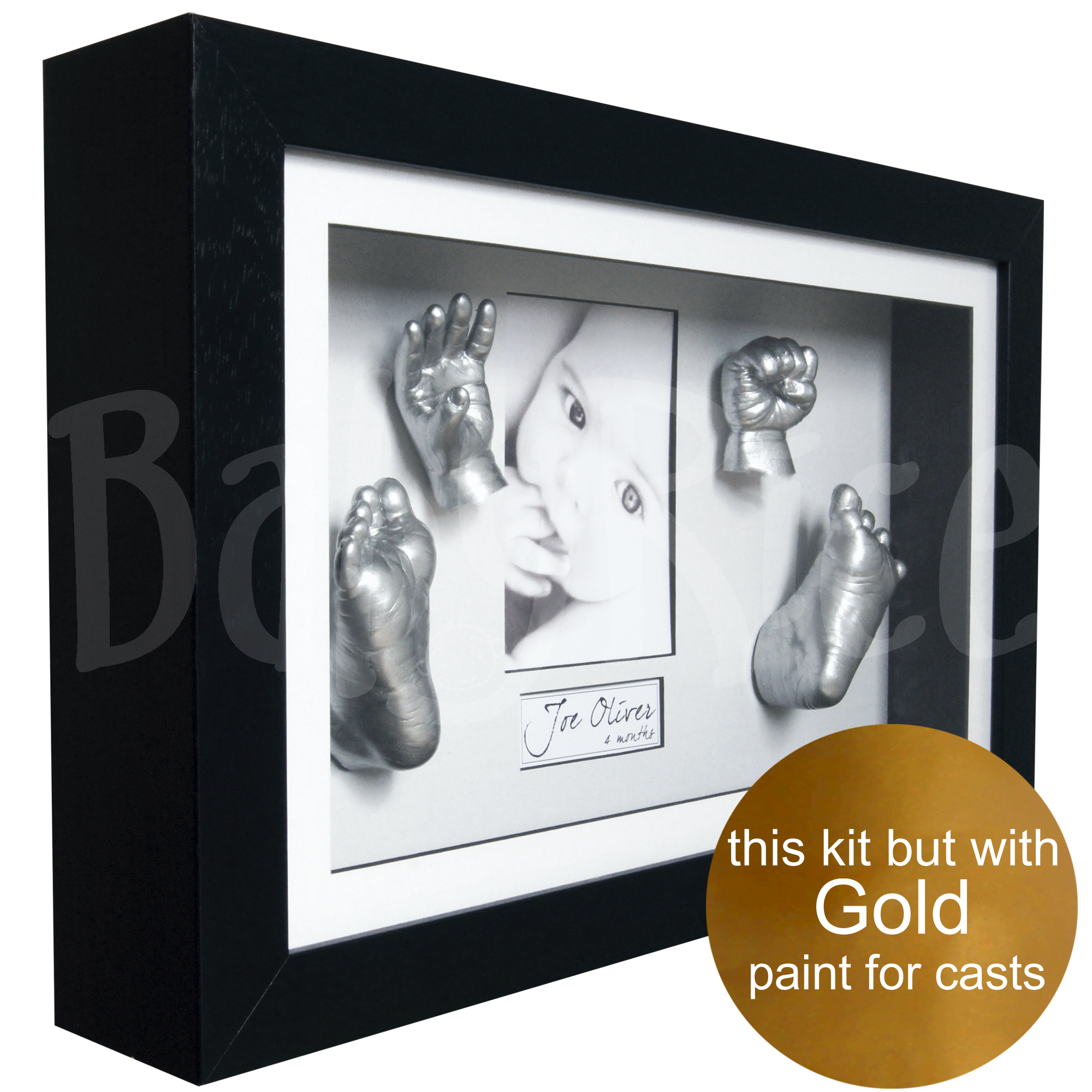 New baby keepsake gift 3D hands and feet casting kit with black frame, gold paint