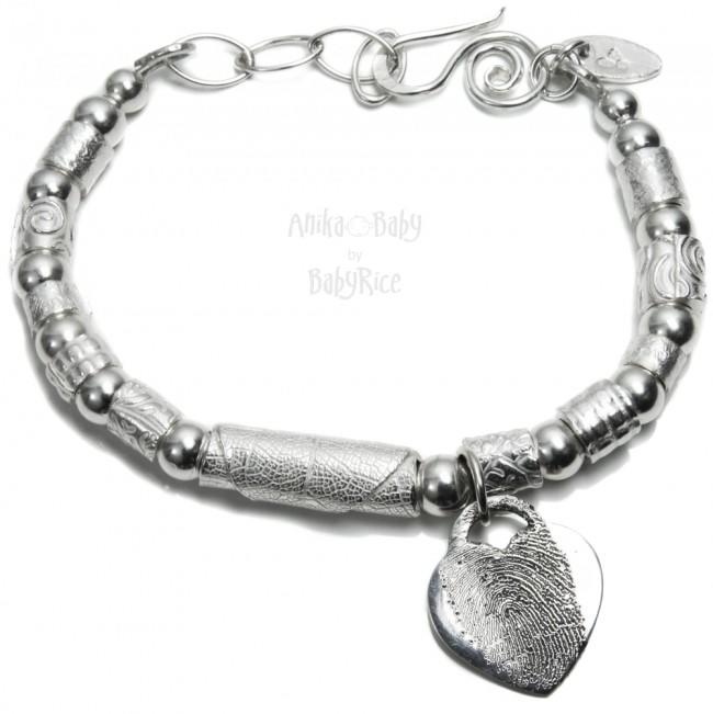 Adult Fingerprint Silver Heart Charm on Beaded Cuff Bracelet Oxi