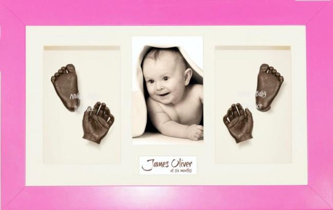 Baby Girl Gift, Casting Kit, Pink Frame, 3D Handprints Footprints, Bronze