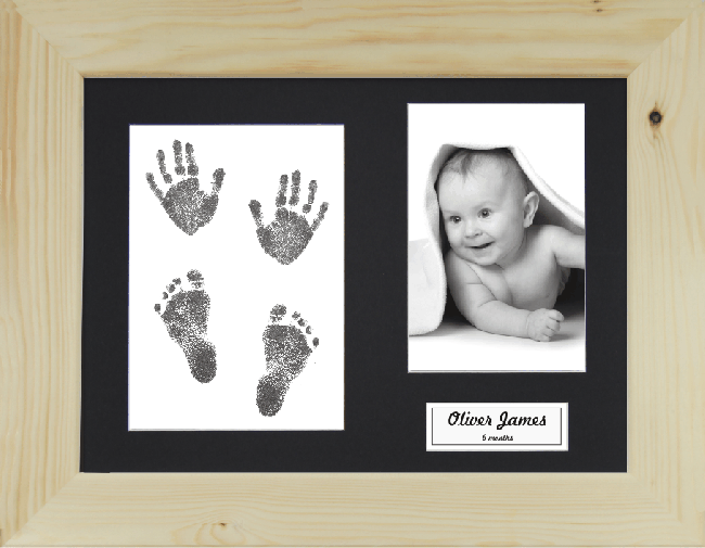 New Baby Gift, Hand & Footprint Kit Natural Pine Frame, Black Prints