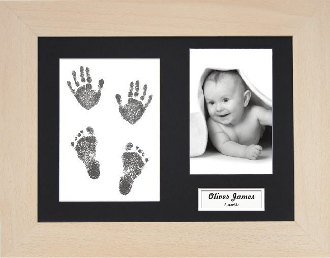 New Baby Gift, Hand & Foot Black Prints Kit, Beech Wooden Frame