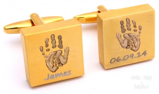 Personalised Men's Gold Tone Square Cufflinks Baby Handprint Footprint