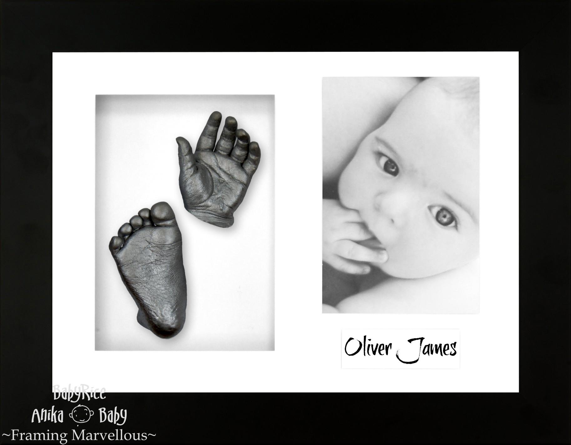 Black Frame, White Mount, Pewter Baby Hand Foot Cast