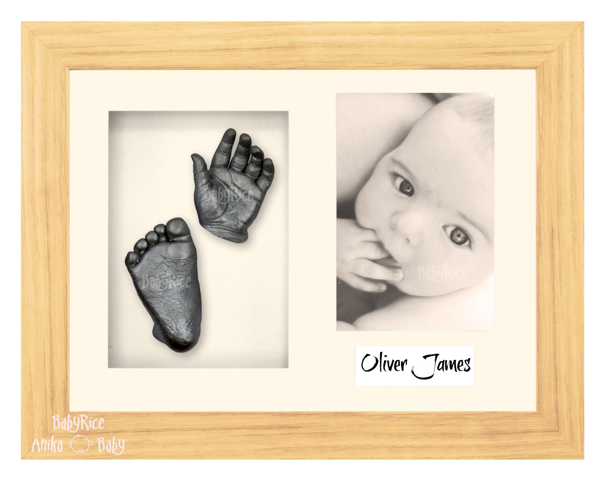 Oak Effect Frame, Cream Mount, Pewter Baby Hand Foot Cast