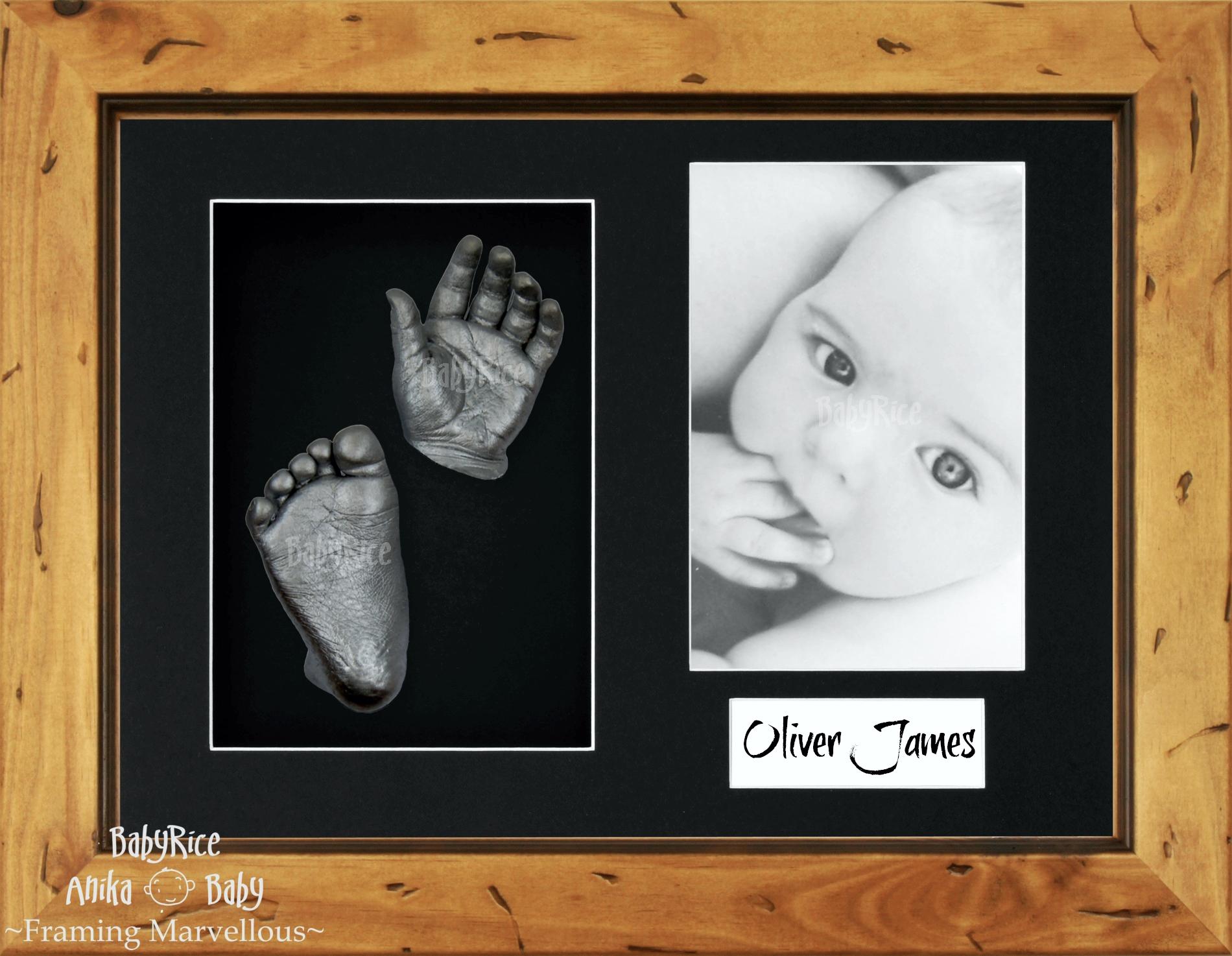 Rustic Wooden Frame, Black Mount, Pewter Baby Hand Foot Cast