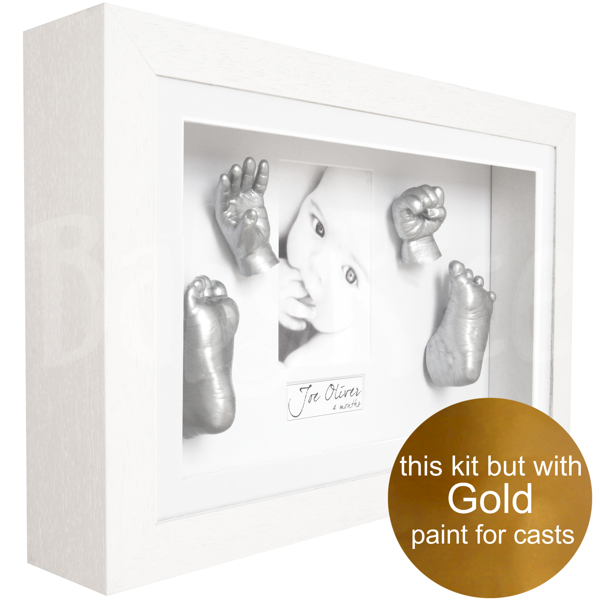 Unique baby gift hands and feet casting kit with white frame, gold paint