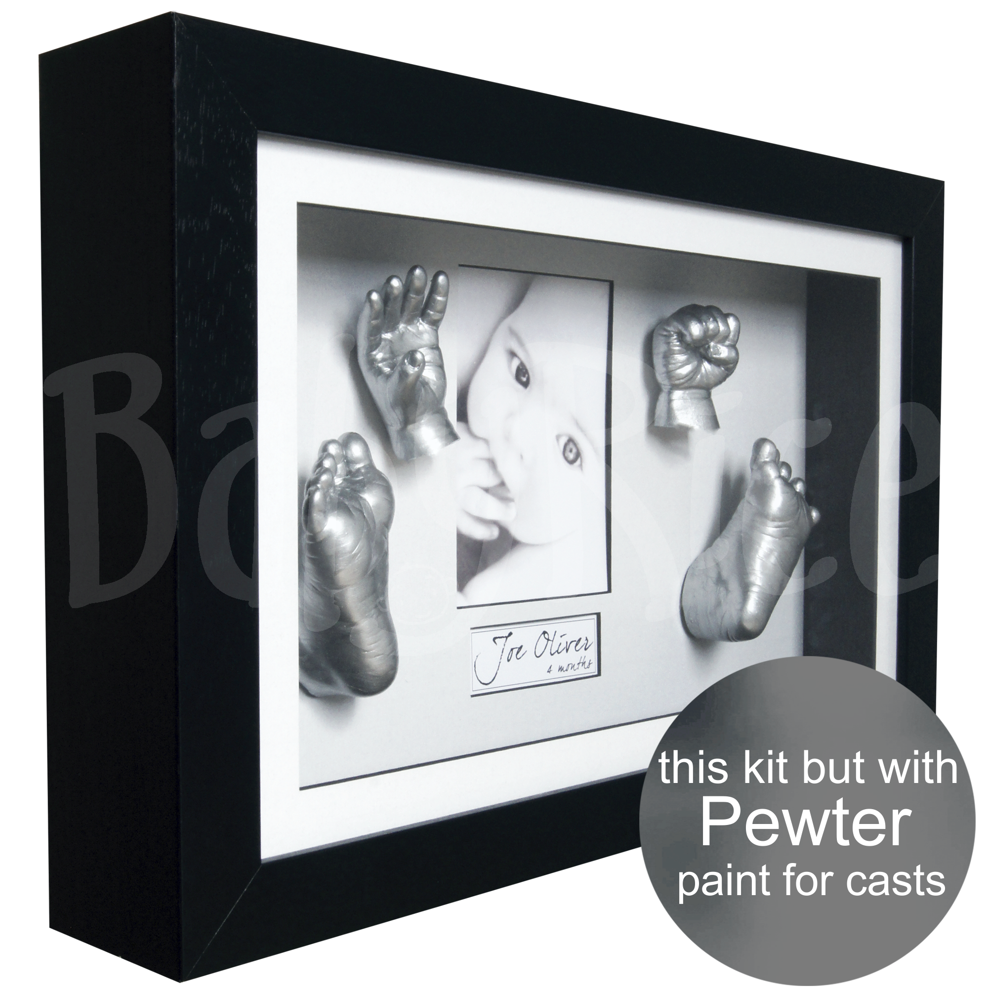 New baby keepsake gift 3D hands and feet casting kit with black frame, pewter paint