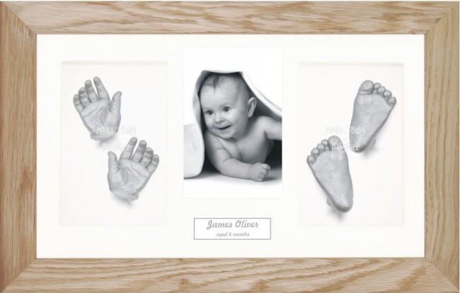 Large Baby Casting Kit, Solid Oak Wood Frame, Silver Hand Foot Cast