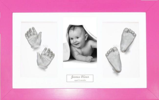 Baby Girl Gift, Silver Casting Kit, Pink Frame, 3D Handprints Footprints