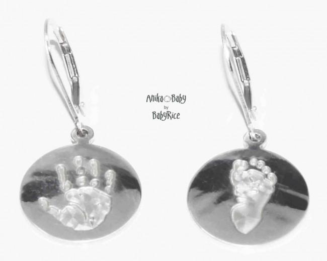 Silver Circle Earrings Baby Handprint & Footprint or Pet Pawprints etc
